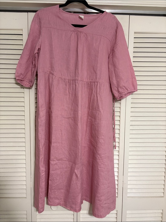 Lintico Dresses & Skirts - LINTICO 100% Linen A-Line Drawstring Waist Midi Dress Pastel Pink Size L